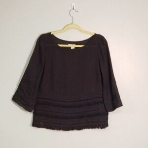 Anthropologie Meadow Rue Boho Linen Fringe Bottom 3/4 Sleeve Gypsy Top Size Sm